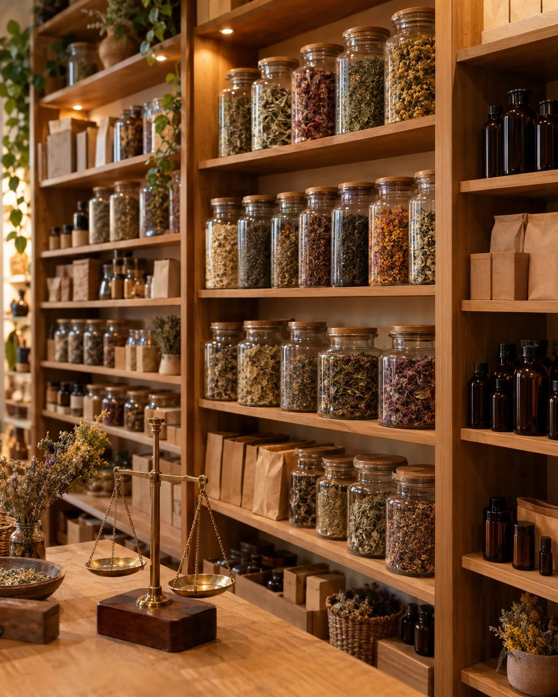 Prateleiras de madeira de uma ervanária cheias de frascos e caixas de produtos naturais